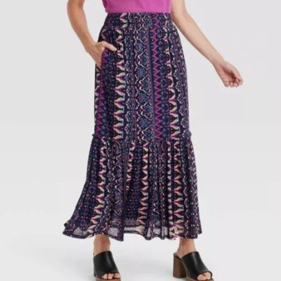 Knox Rose Maxi Skirt Aztec Print Boho Peasant Hippie Festival Tiered Blue NWT 4X - Picture 1 of 12